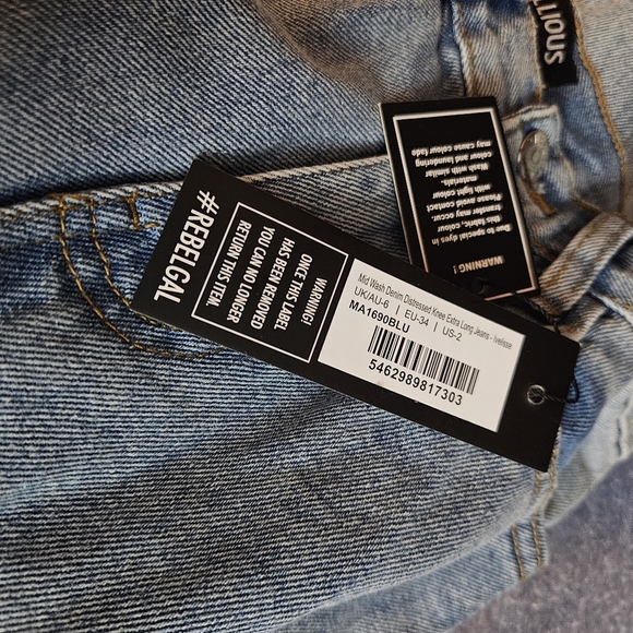 Rebellious Mid Wash Distressed Knee High-rise Extra Long Denim Blue Jeans Size 2 - Picture 6 of 9